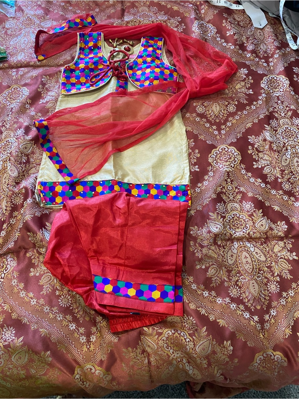Girls Red and Gold Traditional Dress with Multicolor Trim - Brand